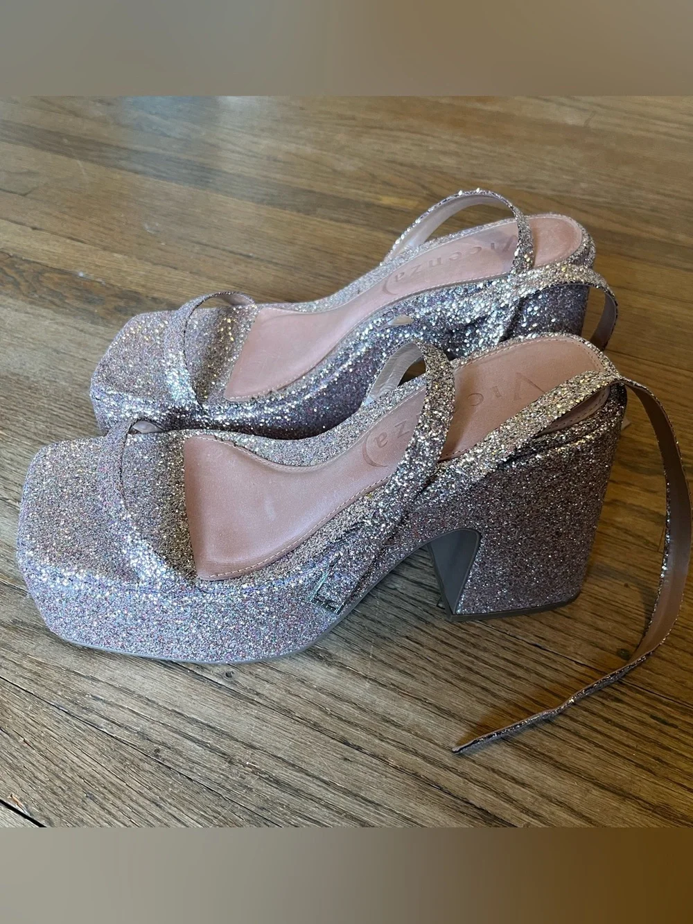 Sparkle Platform Slingback Heels in Pink Glitter